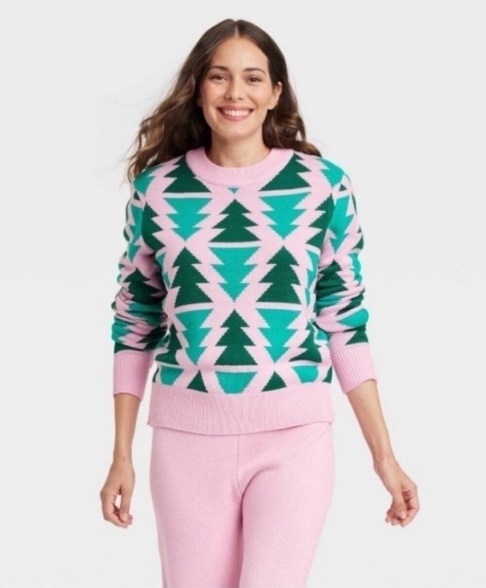 Holiday Pink/Green Christmas Tree Sweater Crew Neck Women's XL Grayson Threads